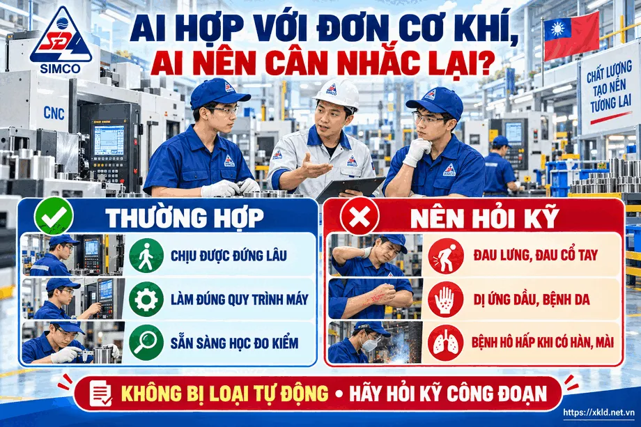 Ai hợp với đơn cơ khí, ai nên cân nhắc lại: lao động chịu đứng lâu, học đo kiểm; lao động đau lưng, dị ứng dầu nên hỏi kỹ