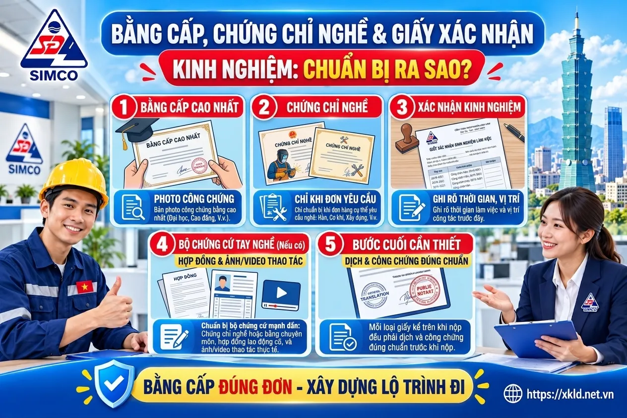 Bảng 5 mục chuẩn bị bằng cấp, chứng chỉ nghề, xác nhận kinh nghiệm, bộ chứng cứ tay nghề, dịch và công chứng đúng chuẩn