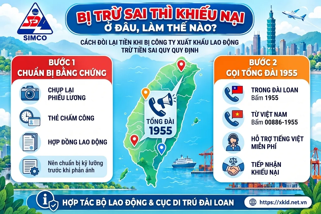 Bảng thông tin của SIMCO Sông Đà với tiêu đề Bị trừ sai thì khiếu nại ở đâu, làm thế nào, gồm bước 1 chuẩn bị bằng chứng (phiếu lương, thẻ chấm công, hợp đồng lao động) và bước 2 gọi tổng đài 1955, trong Đài Loan bấm 1955, từ Việt Nam bấm 00886-1955, trên nền bản đồ Đài Loan