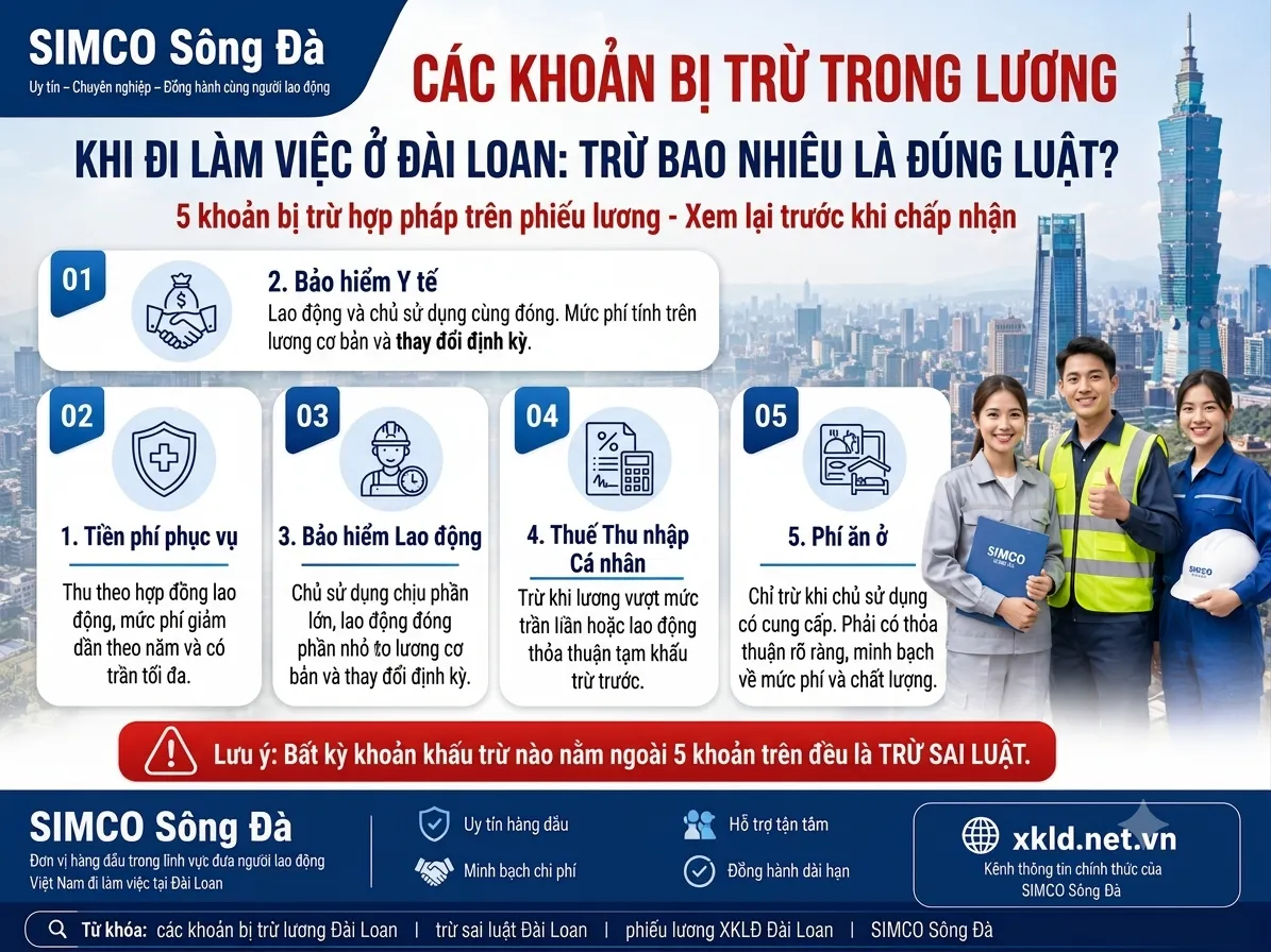 Bảng thông tin của SIMCO Sông Đà với tiêu đề Các khoản bị trừ trong lương khi đi làm việc ở Đài Loan: trừ bao nhiêu là đúng luật, nêu 5 khoản bị trừ hợp pháp trên phiếu lương gồm bảo hiểm y tế, tiền phí phục vụ, bảo hiểm lao động, thuế thu nhập cá nhân và phí ăn ở, kèm lưu ý khoản nào ngoài 5 khoản này là trừ sai luật, cạnh ba lao động mặc đồng phục SIMCO trước tòa nhà Đài Bắc 101