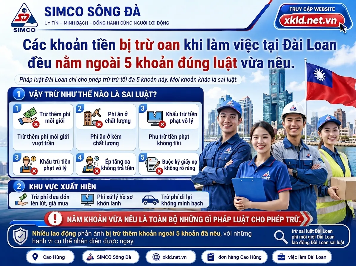 Bảng thông tin của SIMCO Sông Đà với tiêu đề Các khoản tiền bị trừ oan khi làm việc tại Đài Loan đều nằm ngoài 5 khoản đúng luật, nêu các hành vi trừ sai như trừ thêm phí môi giới vượt trần, phí ăn ở kém chất lượng, phạt tiền vô lý, ép tăng ca không trả tiền và buộc ký giấy nợ không rõ ràng, kèm dòng Năm khoản vừa nêu là toàn bộ những gì pháp luật cho phép trừ