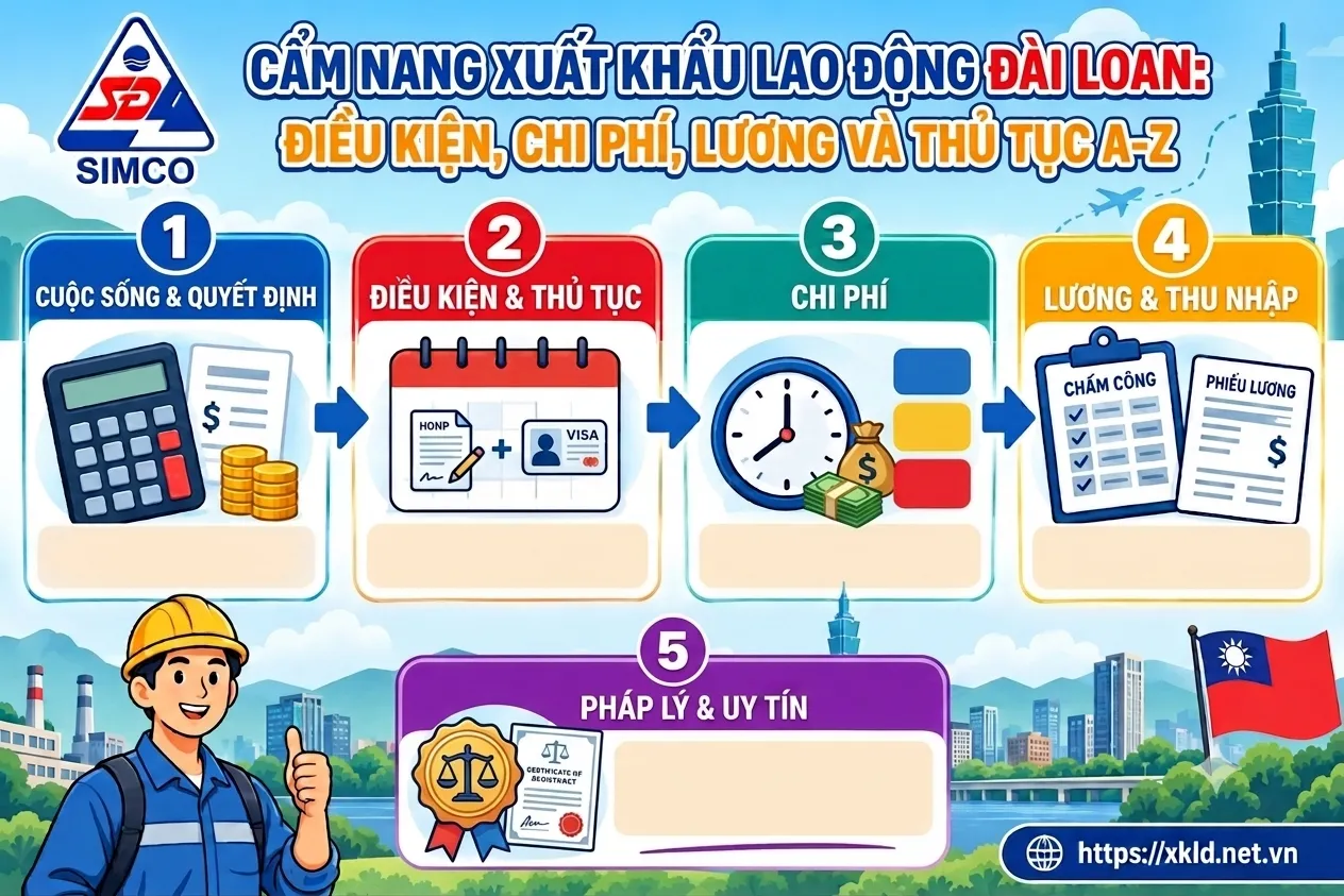 Bảng Cẩm nang xuất khẩu lao động Đài Loan: điều kiện, chi phí, lương và thủ tục A-Z của SIMCO Sông Đà, chia 5 bước nối tiếp: cuộc sống và quyết định, điều kiện và thủ tục, chi phí, lương và thu nhập, pháp lý và uy tín, cạnh hình vẽ một công nhân đội mũ bảo hộ giơ ngón tay cái