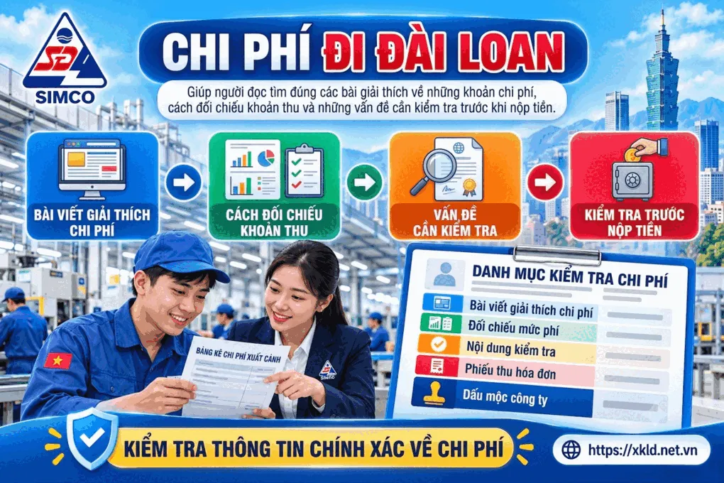 Bảng Chi phí đi Đài Loan, hướng người đọc tới các bài giải thích về chi phí và những điều cần kiểm tra trước khi nộp tiền, kèm hình hai người cùng xem một bảng kê chi phí
