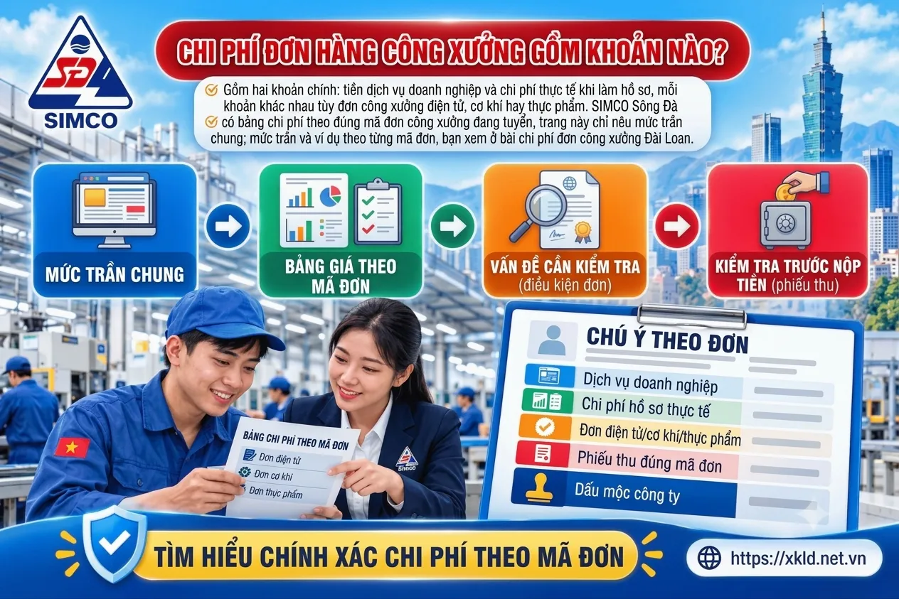 Bảng thông tin của SIMCO Sông Đà với tiêu đề Chi phí đơn hàng công xưởng gồm khoản nào, nêu hai khoản chính là tiền dịch vụ doanh nghiệp và chi phí thực tế khi làm hồ sơ, kèm bốn bước từ mức trần chung, bảng giá theo mã đơn, vấn đề cần kiểm tra đến kiểm tra trước khi nộp tiền, cạnh một lao động nam và một nữ tư vấn viên xem bảng chi phí theo mã đơn điện tử, cơ khí, thực phẩm
