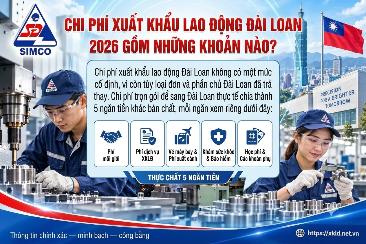 Bảng thông tin của SIMCO Sông Đà với tiêu đề Chi phí xuất khẩu lao động Đài Loan 2026 gồm những khoản nào, nêu chi phí không có một mức cố định mà chia thành 5 ngăn tiền, giữa một lao động nam vận hành máy tiện và một lao động nữ đo chi tiết kim loại trong nhà máy, phía sau là tòa nhà Đài Bắc 101 và cờ Đài Loan