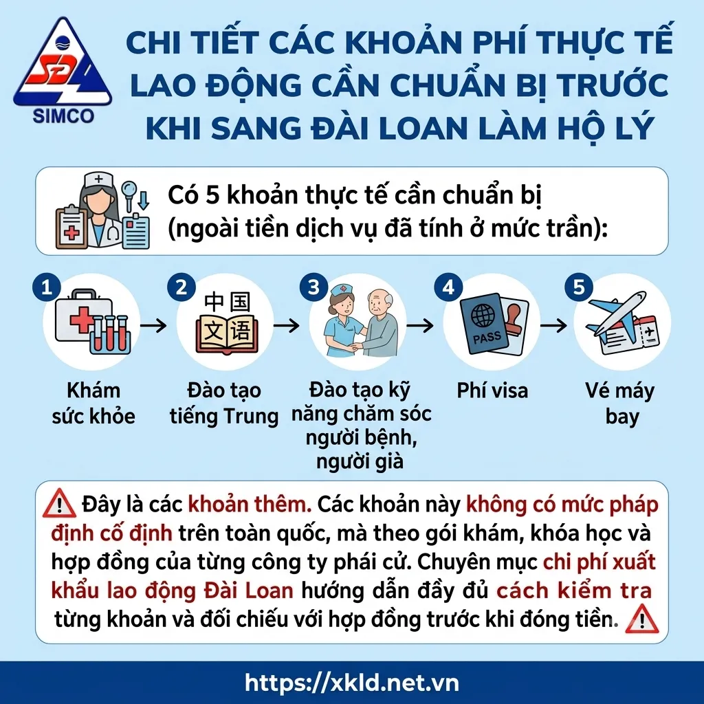 Bảng thông tin của SIMCO Sông Đà với tiêu đề Chi tiết các khoản phí thực tế lao động cần chuẩn bị trước khi sang Đài Loan làm hộ lý, nêu 5 khoản gồm khám sức khỏe, đào tạo tiếng Trung, đào tạo kỹ năng chăm sóc người bệnh, người già, phí visa và vé máy bay, kèm lưu ý các khoản này không có mức pháp định cố định