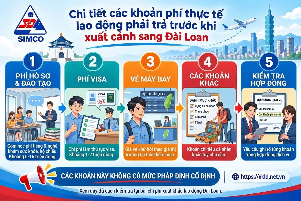Bảng 5 bước của SIMCO Sông Đà với tiêu đề Chi tiết các khoản phí thực tế lao động phải trả trước khi xuất cảnh sang Đài Loan: phí hồ sơ và đào tạo khoảng 6-16 triệu đồng, phí visa khoảng 1-2 triệu đồng, vé máy bay theo giá thị trường, các khoản khác và kiểm tra hợp đồng dịch vụ, kèm dòng các khoản này không có mức pháp định cố định