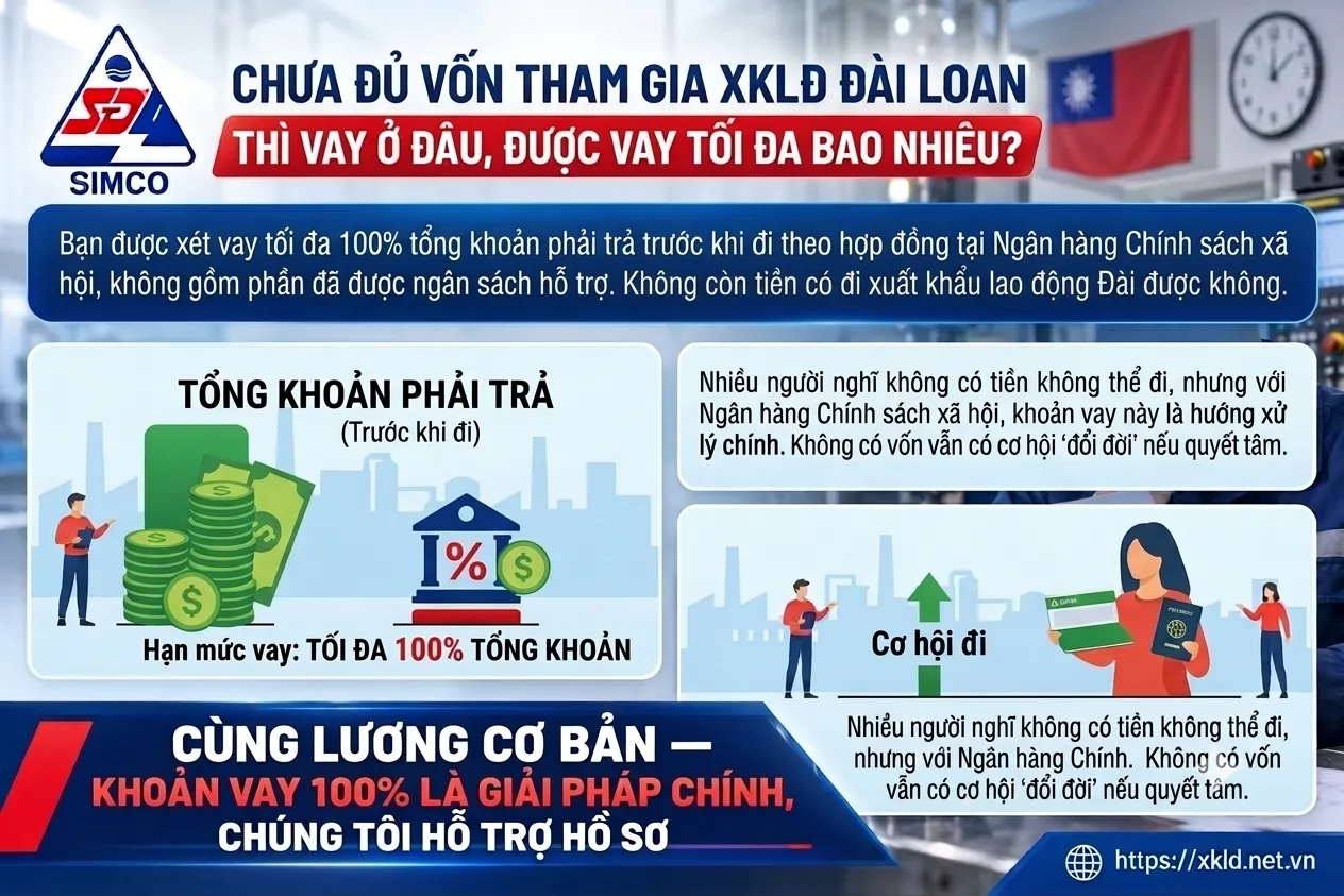Bảng thông tin của SIMCO Sông Đà với tiêu đề Chưa đủ vốn tham gia XKLĐ Đài Loan thì vay ở đâu, được vay tối đa bao nhiêu, nêu hạn mức vay tối đa 100% tổng khoản phải trả trước khi đi tại Ngân hàng Chính sách xã hội, kèm dòng khoản vay 100% là giải pháp chính và SIMCO hỗ trợ hồ sơ, trên nền xưởng có cờ Đài Loan