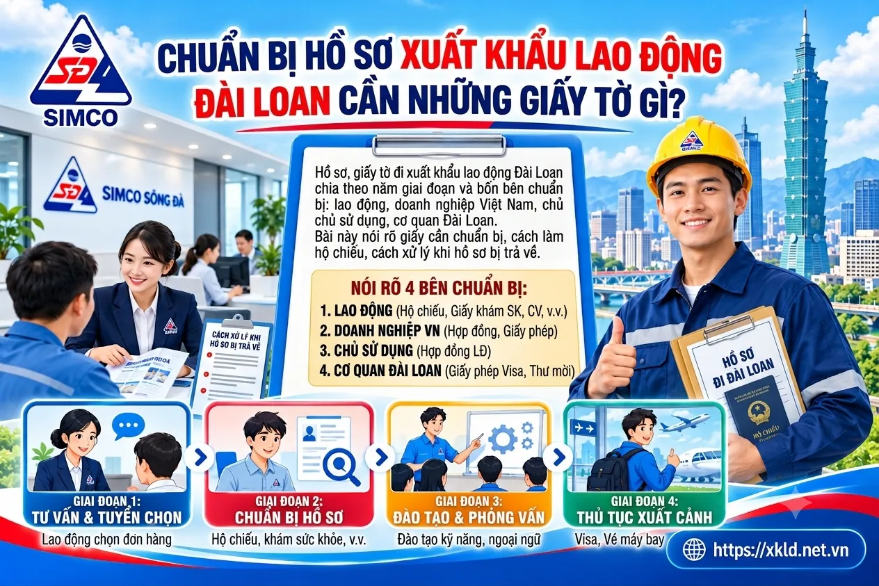 Bảng giấy tờ hồ sơ đi XKLĐ Đài Loan chia 4 bên chuẩn bị và 4 giai đoạn, từ tư vấn tuyển chọn tới thủ tục xuất cảnh
