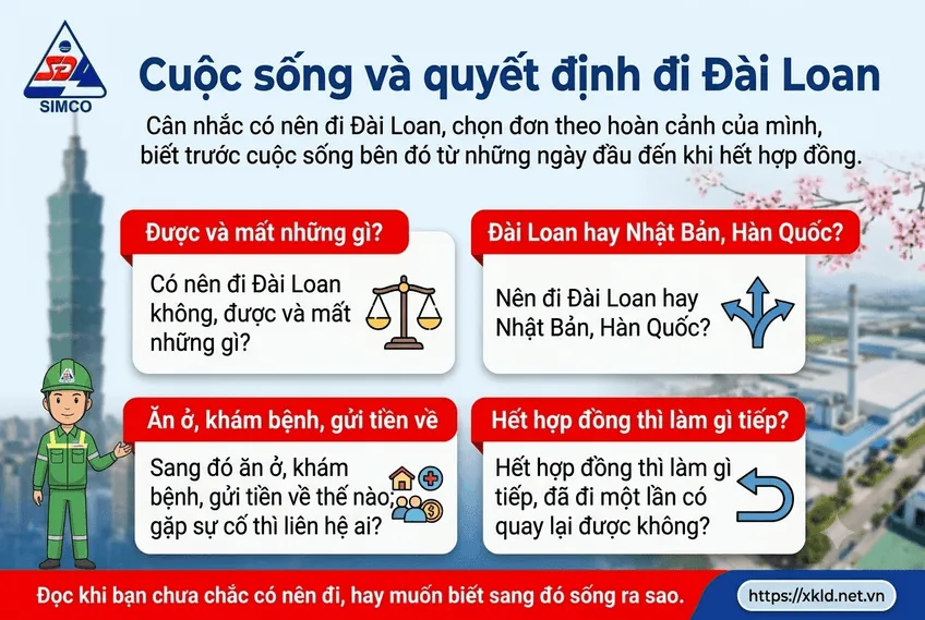 Bảng Cuộc sống và quyết định đi Đài Loan của SIMCO Sông Đà, in 4 câu hỏi: được và mất những gì; Đài Loan hay Nhật Bản, Hàn Quốc; ăn ở, khám bệnh, gửi tiền về; hết hợp đồng thì làm gì tiếp, cạnh hình vẽ một công nhân đội mũ bảo hộ