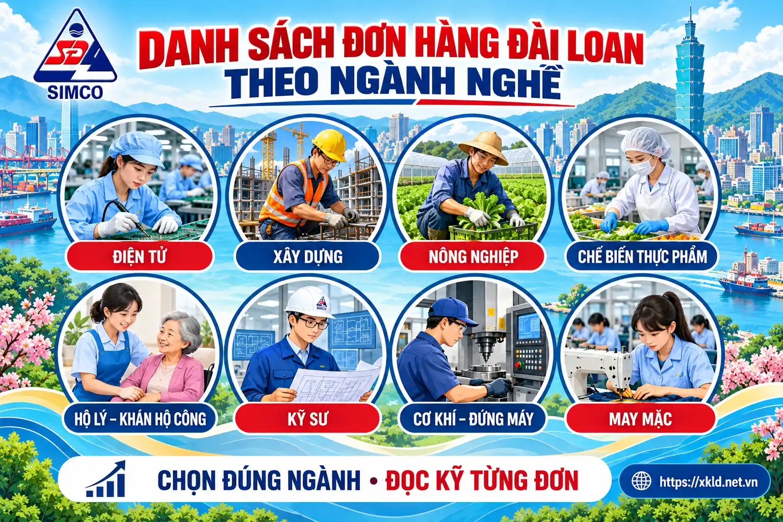 Danh sách đơn hàng Đài Loan theo ngành nghề, gồm 8 nhóm: điện tử, xây dựng, nông nghiệp, chế biến thực phẩm, hộ lý khán hộ công, kỹ sư, cơ khí đứng máy và may mặc