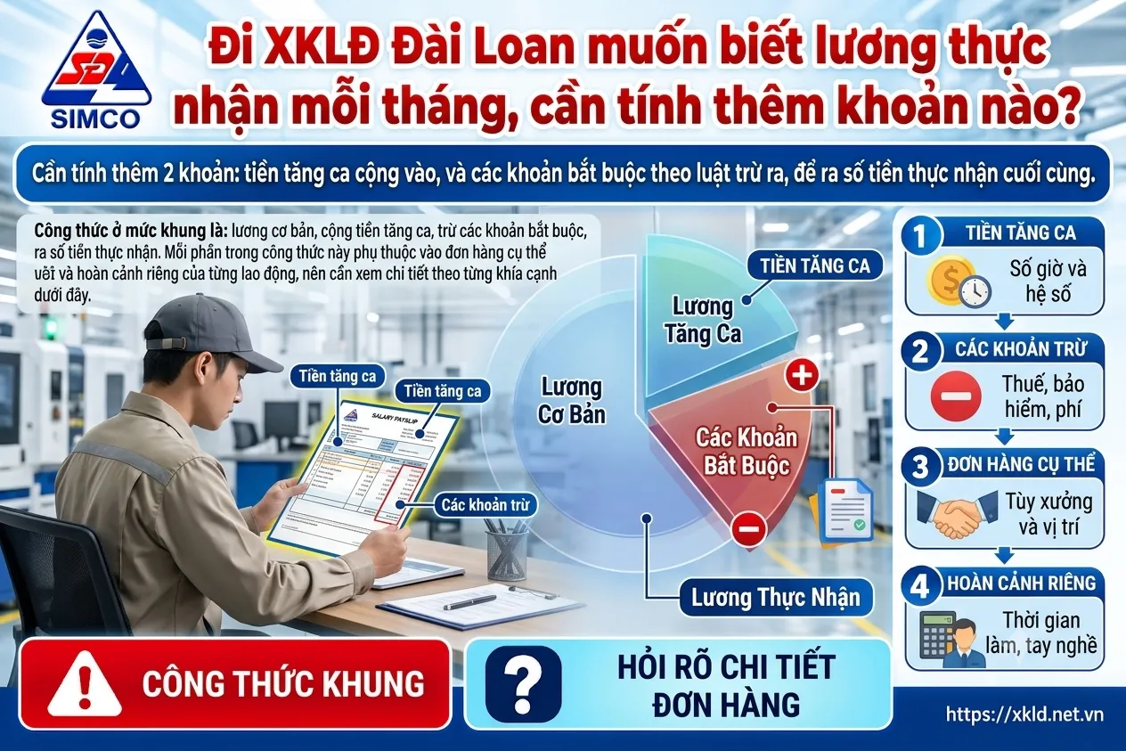 Bảng thông tin của SIMCO Sông Đà với tiêu đề Đi XKLĐ Đài Loan muốn biết lương thực nhận mỗi tháng, cần tính thêm khoản nào, nêu công thức khung gồm lương cơ bản, tiền tăng ca và các khoản bắt buộc, kèm 4 ý, cạnh một lao động nam đang xem phiếu lương