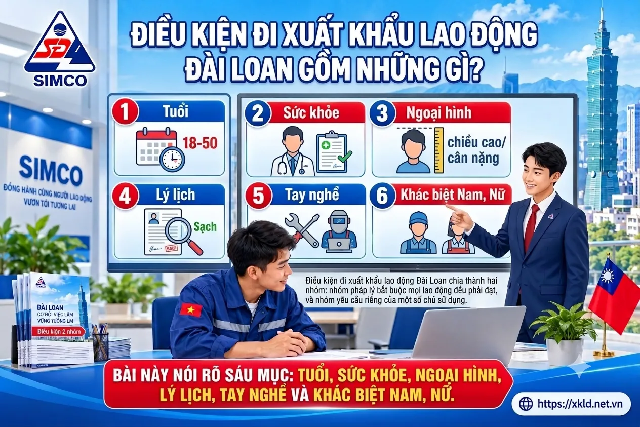 Bảng 6 mục điều kiện đi XKLĐ Đài Loan: tuổi 18-50, sức khỏe, ngoại hình, lý lịch, tay nghề, khác biệt nam nữ