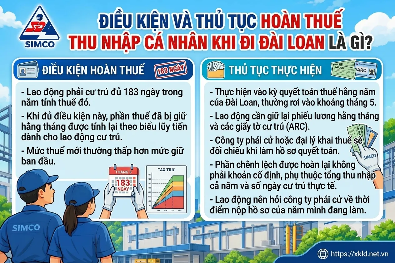 Bảng thông tin của SIMCO Sông Đà với tiêu đề Điều kiện và thủ tục hoàn thuế thu nhập cá nhân khi đi Đài Loan là gì, nêu điều kiện cư trú đủ 183 ngày và các bước thủ tục vào kỳ quyết toán thuế hằng năm thường vào tháng 5, cạnh hai lao động mặc áo SIMCO