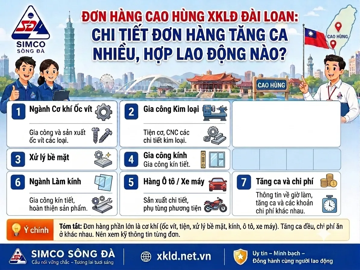 Bảng tổng hợp đơn hàng Cao Hùng XKLĐ Đài Loan: chi tiết đơn hàng tăng ca nhiều, hợp lao động nào, gồm các nhóm ngành cơ khí ốc vít, gia công kim loại, xử lý bề mặt, gia công kính, làm kính, hàng ô tô xe máy, tăng ca và chi phí, cạnh hình hai nhân viên SIMCO Sông Đà mặc áo xanh và biển chữ Cao Hùng