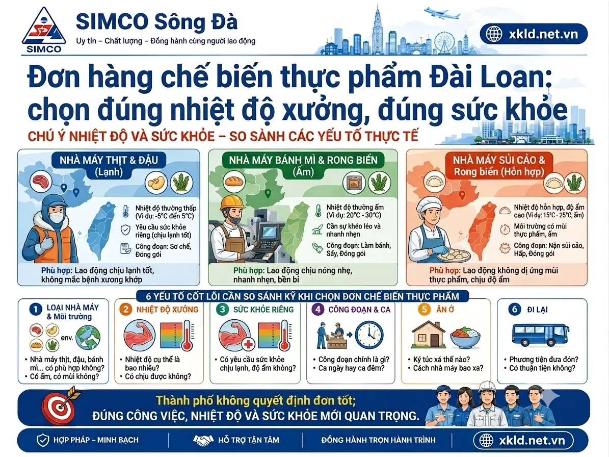 Bảng so sánh đơn hàng chế biến thực phẩm Đài Loan theo nhiệt độ xưởng và sức khỏe, chia 3 nhóm nhà máy: thịt và đậu, bánh mì và rong biển, sủi cảo, kèm 6 yếu tố cần so sánh khi chọn đơn: loại nhà máy, nhiệt độ xưởng, sức khỏe riêng, công đoạn và ca, ăn ở, đi lại