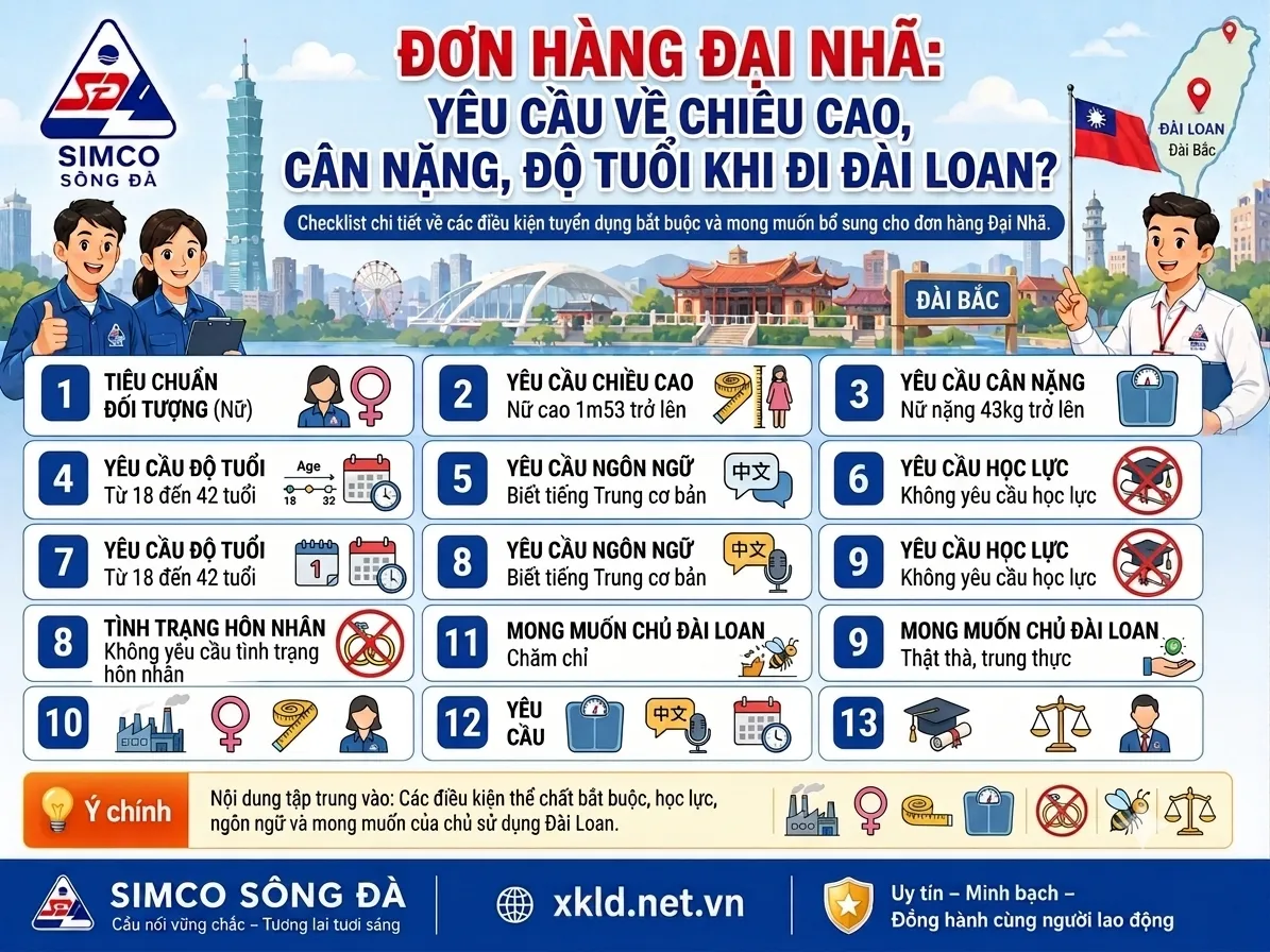 Bảng yêu cầu của đơn hàng Đại Nhã về chiều cao, cân nặng, độ tuổi khi đi Đài Loan: nữ cao 1m53 trở lên, nặng 43kg trở lên, tuổi từ 18 đến 42, biết tiếng Trung cơ bản, không yêu cầu học lực, không yêu cầu tình trạng hôn nhân, chủ Đài Loan mong muốn lao động chăm chỉ, thật thà