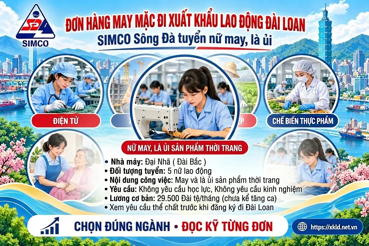 Bảng thông tin đơn hàng may mặc đi xuất khẩu lao động Đài Loan của SIMCO Sông Đà tuyển nữ may, là ủi sản phẩm thời trang: nhà máy Đại Nhã, tuyển 5 nữ lao động, không yêu cầu học lực và kinh nghiệm, lương cơ bản 29.500 Đài tệ một tháng chưa kể tăng ca, cạnh hình nữ công nhân ngồi may bên máy may công nghiệp