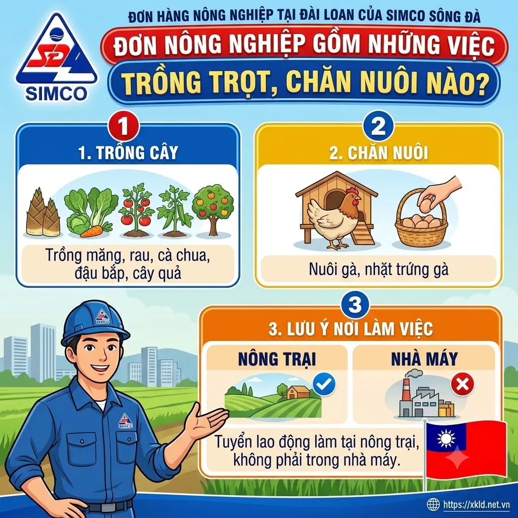 Đơn hàng nông nghiệp tại Đài Loan của SIMCO Sông Đà gồm những việc trồng trọt, chăn nuôi nào: trồng cây gồm trồng măng, rau, cà chua, đậu bắp, cây quả; chăn nuôi gồm nuôi gà, nhặt trứng gà; nơi làm việc là nông trại, không phải nhà máy