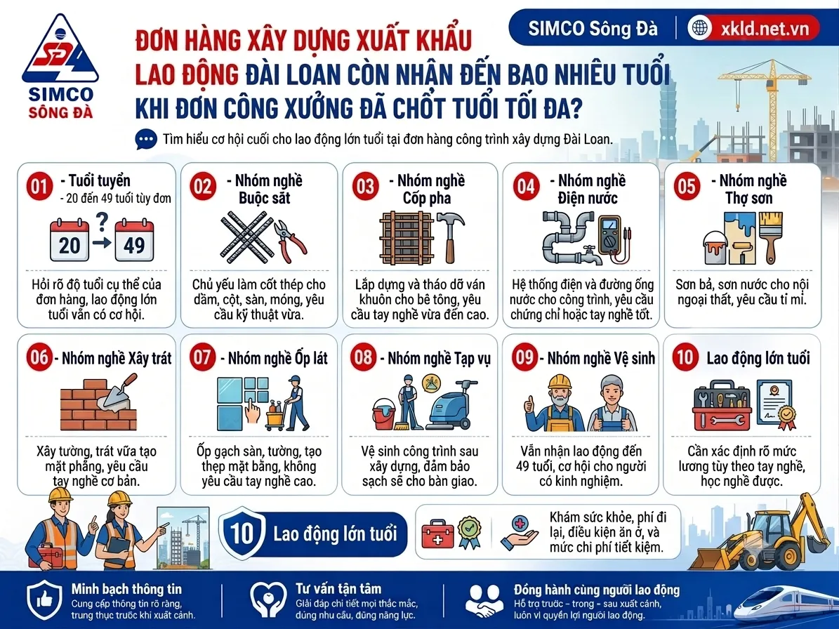 Bảng thông tin đơn hàng xây dựng Đài Loan của SIMCO Sông Đà: tuổi tuyển 20 đến 49 tuổi tùy đơn, các nhóm nghề buộc sắt, cốp pha, điện nước, thợ sơn, xây trát, ốp lát, tạp vụ, vệ sinh và nhóm lao động lớn tuổi, cạnh hình công nhân đội mũ bảo hộ và cần cẩu