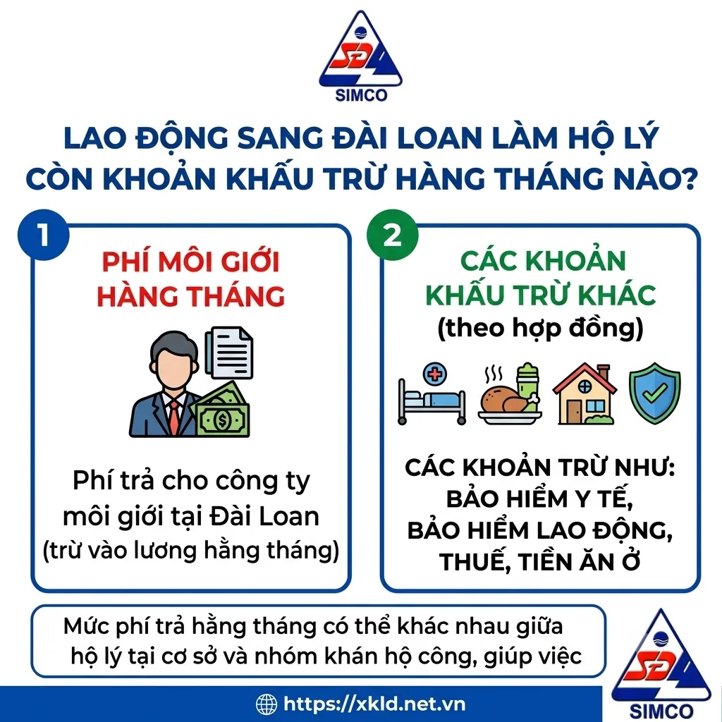 Bảng thông tin của SIMCO Sông Đà với tiêu đề Lao động sang Đài Loan làm hộ lý còn khoản khấu trừ hàng tháng nào, chia 2 nhóm là phí môi giới hàng tháng trả cho công ty môi giới tại Đài Loan và các khoản khấu trừ khác theo hợp đồng như bảo hiểm y tế, bảo hiểm lao động, thuế, tiền ăn ở