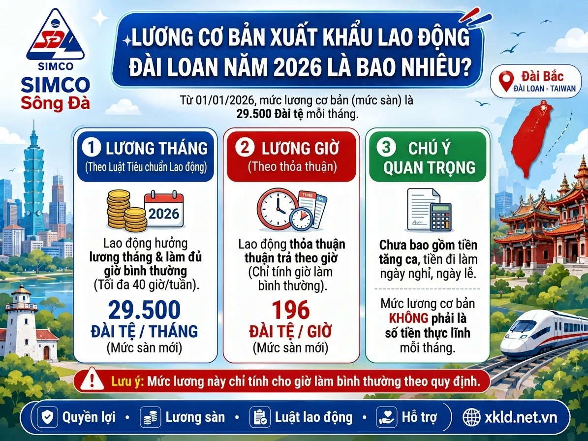 Bảng thông tin của SIMCO Sông Đà với tiêu đề Lương cơ bản xuất khẩu lao động Đài Loan năm 2026 là bao nhiêu: từ 01/01/2026 mức sàn là 29.500 Đài tệ một tháng cho lao động hưởng lương tháng theo Luật Tiêu chuẩn Lao động, 196 Đài tệ một giờ cho lao động thỏa thuận trả theo giờ, chưa gồm tiền tăng ca, tiền đi làm ngày nghỉ, ngày lễ, và lưu ý đây không phải số tiền thực lĩnh mỗi tháng