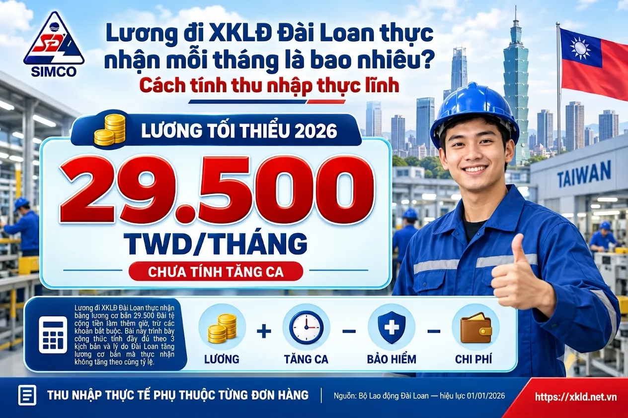 Bảng thông tin của SIMCO Sông Đà với tiêu đề Lương đi XKLĐ Đài Loan thực nhận mỗi tháng là bao nhiêu, cách tính thu nhập thực lĩnh, nêu lương tối thiểu 2026 là 29.500 Đài tệ một tháng chưa tính tăng ca, công thức lương cộng tăng ca trừ bảo hiểm trừ chi phí, bên cạnh một lao động nam đội mũ bảo hộ giơ ngón tay cái trong nhà máy