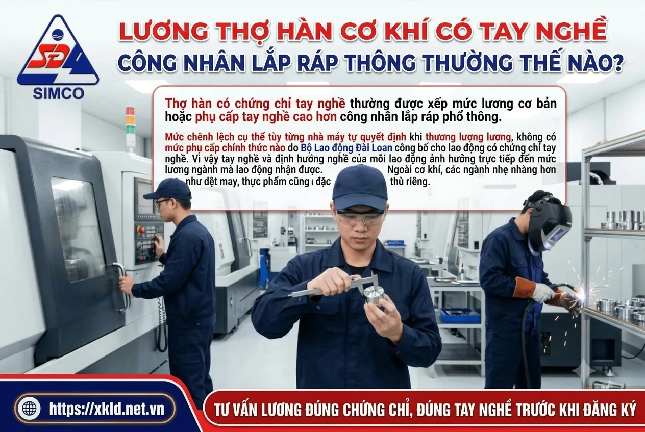 Bảng thông tin của SIMCO Sông Đà với tiêu đề Lương thợ hàn cơ khí có tay nghề, công nhân lắp ráp thông thường thế nào, nêu thợ hàn có chứng chỉ tay nghề thường được xếp mức lương cơ bản hoặc phụ cấp cao hơn, mức chênh do từng nhà máy tự quyết định, trong xưởng cơ khí có ba lao động đang làm việc