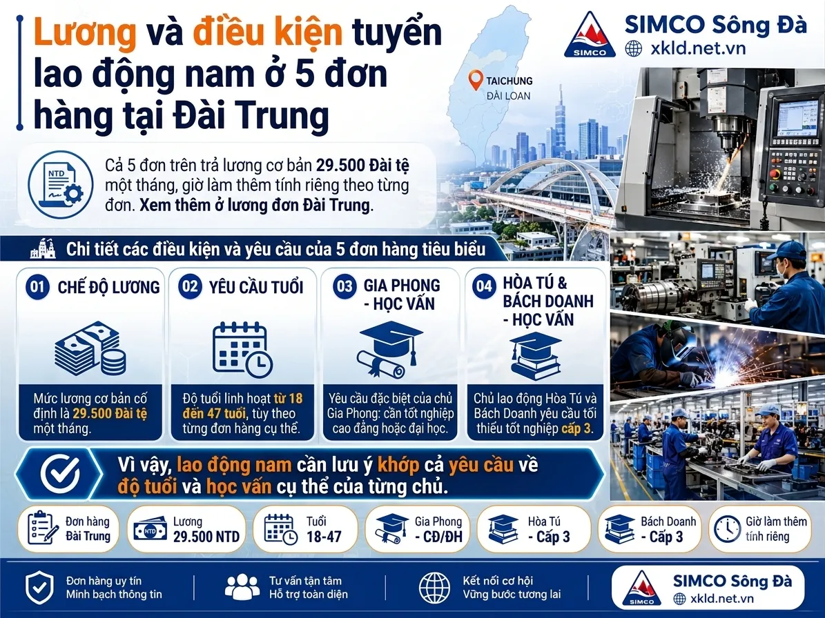 Bảng lương và điều kiện tuyển lao động nam ở 5 đơn hàng tại Đài Trung: lương cơ bản 29.500 Đài tệ một tháng, tuổi từ 18 đến 47 tùy đơn, Gia Phong yêu cầu tốt nghiệp cao đẳng hoặc đại học, Hòa Tú và Bách Doanh yêu cầu tốt nghiệp cấp 3, giờ làm thêm tính riêng, cạnh hình các xưởng cơ khí và thợ hàn