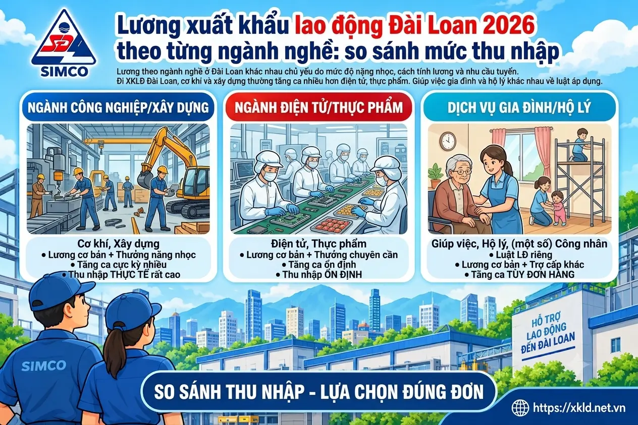Bảng thông tin của SIMCO Sông Đà với tiêu đề Lương xuất khẩu lao động Đài Loan 2026 theo từng ngành nghề: so sánh mức thu nhập, chia 3 nhóm gồm ngành công nghiệp và xây dựng (cơ khí, xây dựng), ngành điện tử và thực phẩm, dịch vụ gia đình và hộ lý (giúp việc, hộ lý), mỗi nhóm kèm mô tả lương cơ bản và tăng ca, hai lao động mặc áo SIMCO đứng quay lưng ở góc dưới