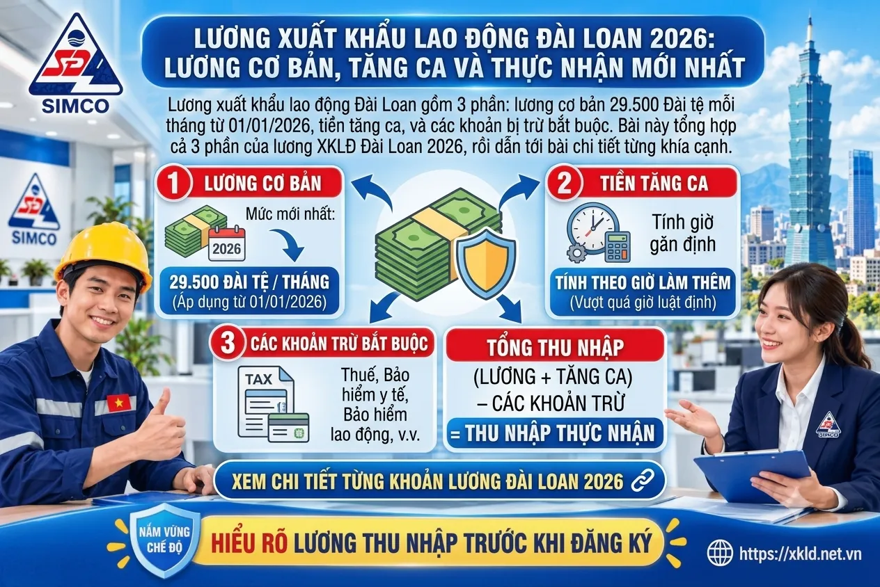 Bảng thông tin của SIMCO Sông Đà với tiêu đề Lương xuất khẩu lao động Đài Loan 2026: lương cơ bản, tăng ca và thực nhận mới nhất, chia lương thành 3 phần gồm lương cơ bản 29.500 Đài tệ một tháng áp dụng từ 01/01/2026, tiền tăng ca tính theo giờ làm thêm và các khoản trừ bắt buộc, kèm công thức thu nhập thực nhận, giữa một lao động nam đội mũ bảo hộ và một nữ tư vấn viên SIMCO