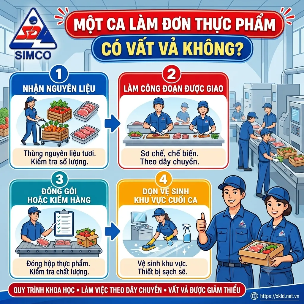 Bốn bước một ca làm đơn thực phẩm: nhận nguyên liệu, làm công đoạn được giao theo dây chuyền, đóng gói hoặc kiểm hàng, dọn vệ sinh khu vực cuối ca