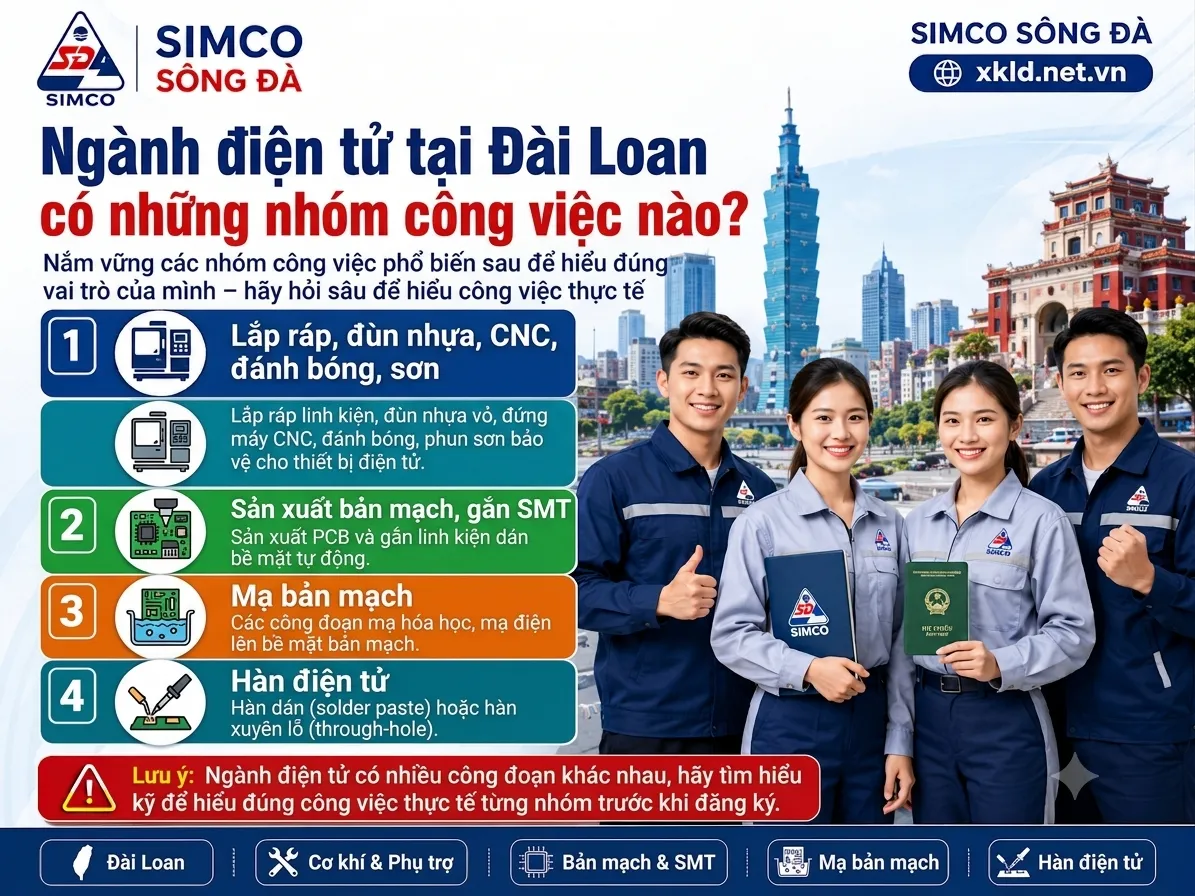 Bảng 4 nhóm công việc ngành điện tử Đài Loan: lắp ráp, đùn nhựa, CNC, đánh bóng, sơn; sản xuất bản mạch, gắn SMT; mạ bản mạch; hàn điện tử, kèm lưu ý ngành điện tử có nhiều công đoạn khác nhau