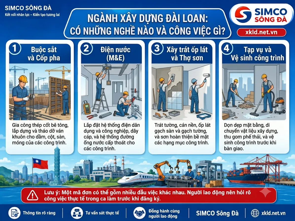 Bảng 4 nhóm việc của ngành xây dựng Đài Loan: buộc sắt và cốp pha, điện nước, xây trát ốp lát và thợ sơn, tạp vụ và vệ sinh công trình, kèm lưu ý một mã đơn có thể gồm nhiều đầu việc khác nhau