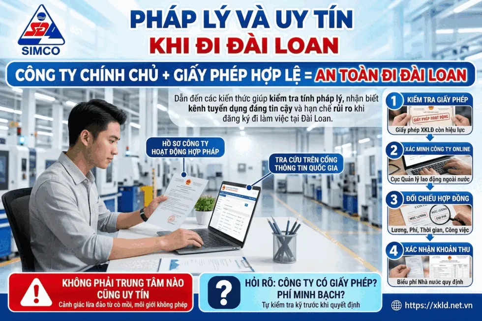 Bảng Pháp lý và uy tín khi đi Đài Loan, nêu các bước kiểm tra giấy phép công ty và lời cảnh báo về môi giới không phép, bên cạnh người đang tra cứu hồ sơ công ty trên máy tính