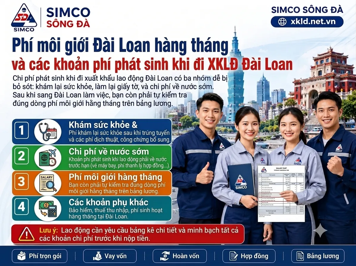 Bảng thông tin của SIMCO Sông Đà với tiêu đề Phí môi giới Đài Loan hàng tháng và các khoản phí phát sinh khi đi XKLĐ Đài Loan, nêu 4 nhóm: khám sức khỏe, chi phí về nước sớm, phí môi giới hàng tháng và các khoản phụ khác, cạnh bốn lao động mặc đồng phục SIMCO, một người cầm bảng lương