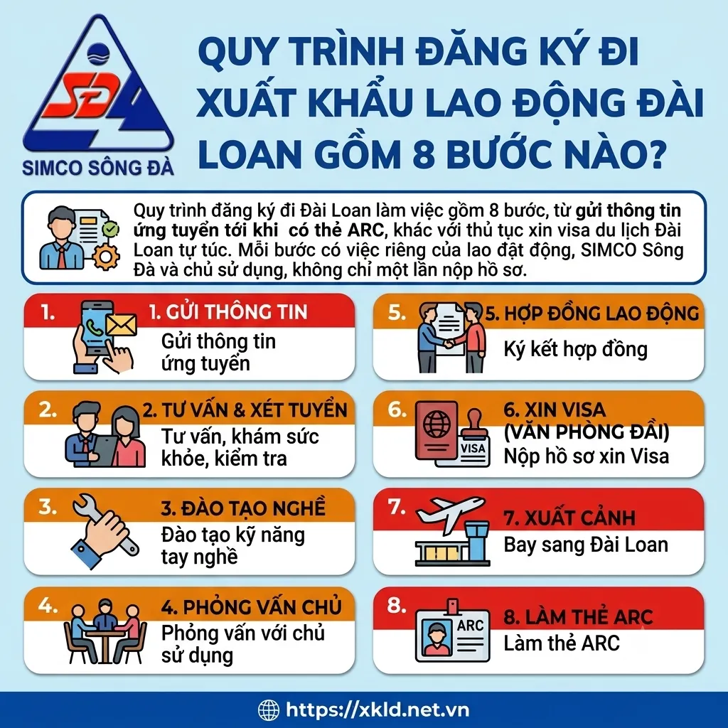 Bảng 8 bước đăng ký đi XKLĐ Đài Loan: gửi thông tin, tư vấn, đào tạo, phỏng vấn chủ, hợp đồng, visa, xuất cảnh, thẻ ARC