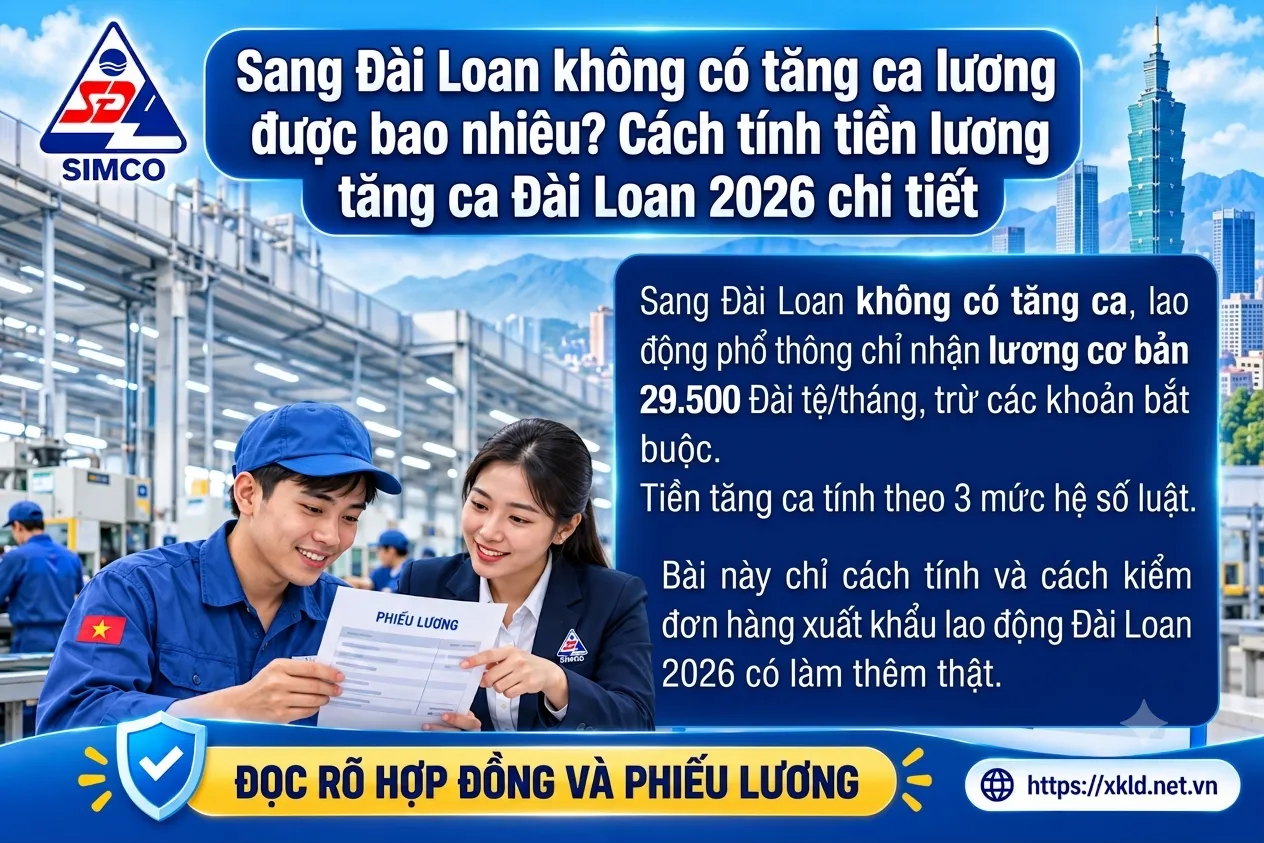 Bảng thông tin của SIMCO Sông Đà với tiêu đề Sang Đài Loan không có tăng ca lương được bao nhiêu, cách tính tiền lương tăng ca Đài Loan 2026 chi tiết, nêu lao động phổ thông không có tăng ca chỉ nhận lương cơ bản 29.500 Đài tệ một tháng, trừ các khoản bắt buộc, tiền tăng ca tính theo 3 mức hệ số luật, cạnh một lao động nam và một nữ tư vấn viên cùng xem phiếu lương trong nhà máy