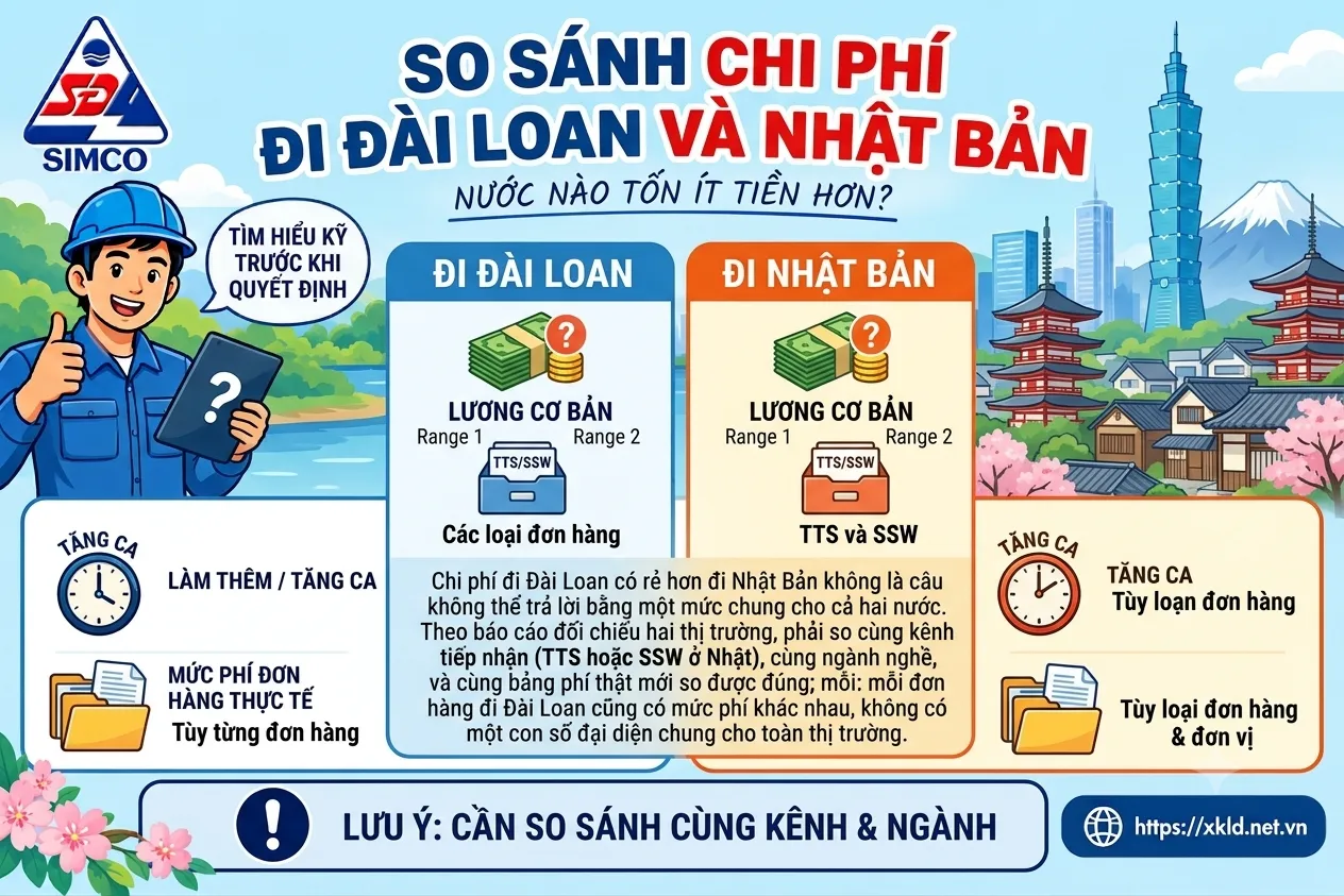 Bảng thông tin của SIMCO Sông Đà với tiêu đề So sánh chi phí đi Đài Loan và Nhật Bản, nước nào tốn ít tiền hơn, đặt hai cột Đi Đài Loan và Đi Nhật Bản cạnh nhau, nêu phải so cùng kênh tiếp nhận (TTS hoặc SSW), cùng ngành nghề và cùng bảng phí thật, mức phí tùy từng đơn hàng