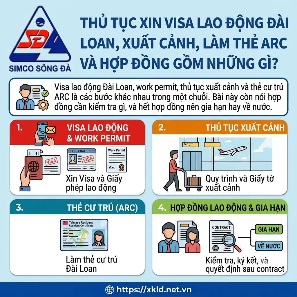 Bảng 4 mục thủ tục visa lao động và work permit, xuất cảnh, thẻ cư trú ARC, hợp đồng lao động và gia hạn của SIMCO Sông Đà