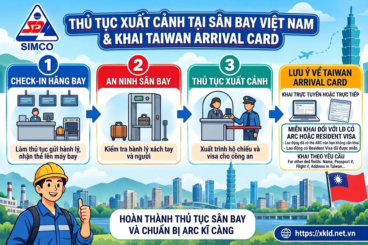 Sơ đồ thủ tục xuất cảnh ở sân bay Việt Nam gồm check-in, an ninh, xuất cảnh và lưu ý khai Taiwan Arrival Card