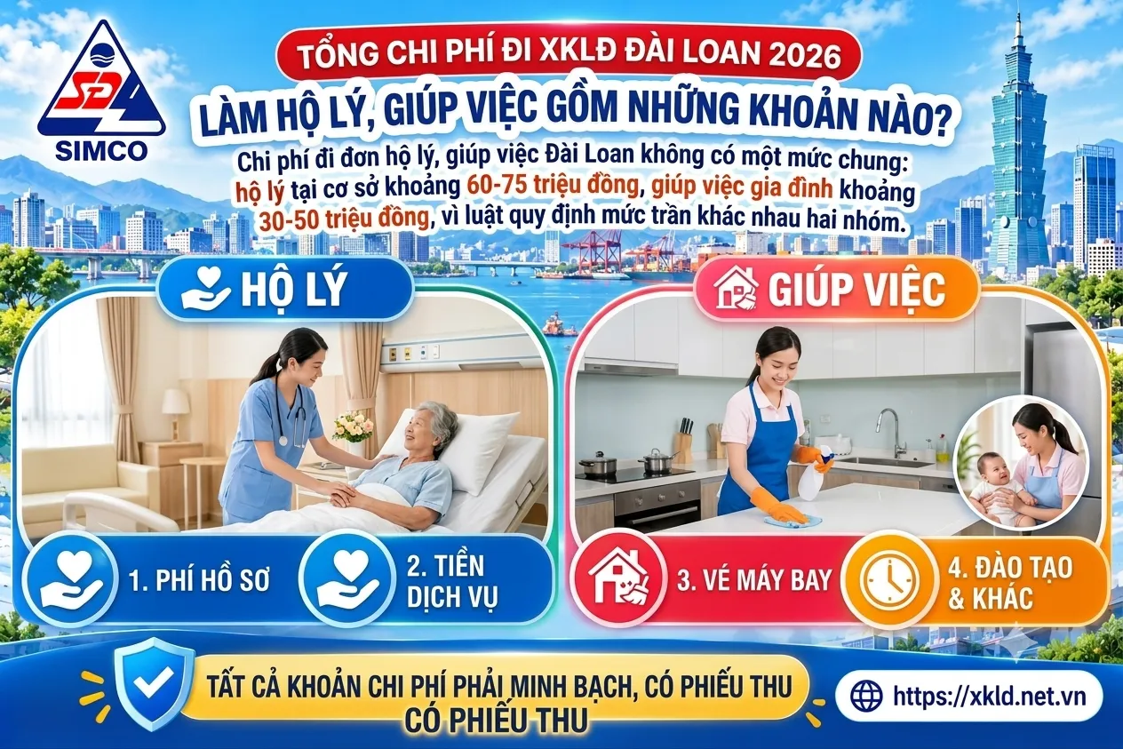 Bảng thông tin của SIMCO Sông Đà với tiêu đề Tổng chi phí đi XKLĐ Đài Loan 2026 làm hộ lý, giúp việc gồm những khoản nào, nêu hộ lý tại cơ sở khoảng 60-75 triệu đồng và giúp việc gia đình khoảng 30-50 triệu đồng, kèm hai nhóm Hộ lý và Giúp việc cùng dòng tất cả khoản chi phí phải minh bạch, có phiếu thu
