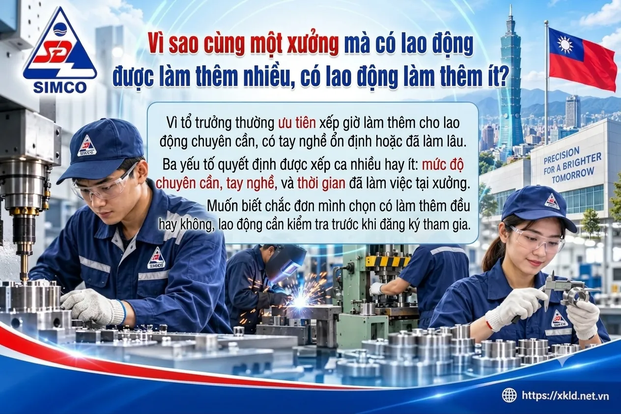 Bảng thông tin của SIMCO Sông Đà với tiêu đề Vì sao cùng một xưởng mà có lao động được làm thêm nhiều, có lao động làm thêm ít, nêu ba yếu tố quyết định là mức độ chuyên cần, tay nghề và thời gian đã làm việc tại xưởng, trong xưởng cơ khí có hai lao động đang làm việc