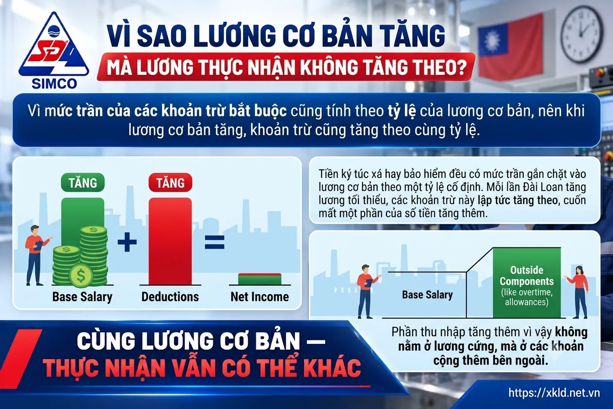 Bảng thông tin của SIMCO Sông Đà với tiêu đề Vì sao lương cơ bản tăng mà lương thực nhận không tăng theo, nêu mức trần của các khoản trừ bắt buộc cũng tính theo tỷ lệ của lương cơ bản nên khi lương cơ bản tăng thì khoản trừ cũng tăng, kèm hình cột lương cơ bản, khoản trừ và thu nhập thực nhận, và dòng cùng lương cơ bản thực nhận vẫn có thể khác