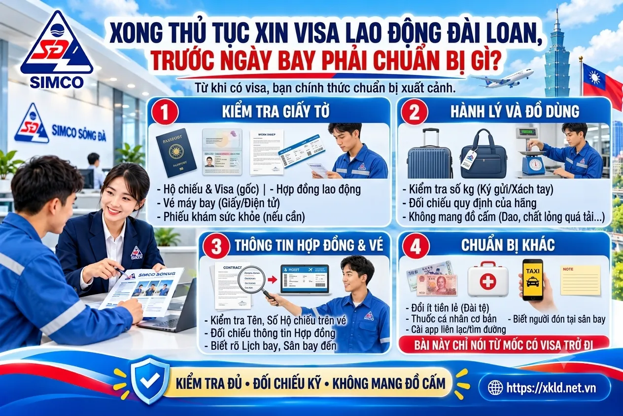 Bảng 4 việc trước ngày bay: kiểm tra giấy tờ, hành lý và đồ dùng, thông tin hợp đồng và vé, chuẩn bị khác