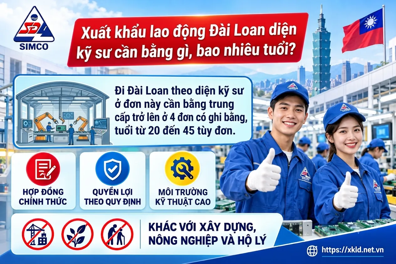 Bảng thông tin xuất khẩu lao động Đài Loan diện kỹ sư cần bằng gì, bao nhiêu tuổi: bằng trung cấp trở lên ở 4 đơn có ghi bằng, tuổi từ 20 đến 45 tùy đơn, cạnh hình một lao động nam và một lao động nữ mặc đồng phục xanh giơ ngón tay cái trong xưởng điện tử