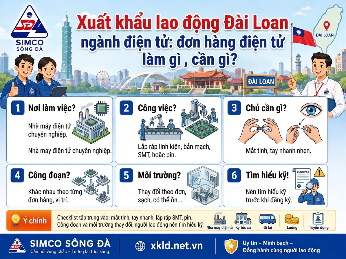 Bảng 6 mục về ngành điện tử Đài Loan của SIMCO Sông Đà: nơi làm việc là nhà máy điện tử, công việc lắp ráp linh kiện, bản mạch, SMT hoặc pin, chủ cần mắt tinh tay nhanh nhẹn, công đoạn và môi trường khác nhau theo đơn, nên tìm hiểu kỹ trước khi đăng ký, cạnh hình các nhân viên SIMCO Sông Đà